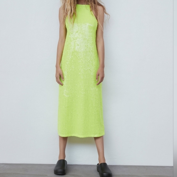 NWT ZARA Neon Green Sequin Strappy Back Square Neck Midi Dress - Picture 2 of 6